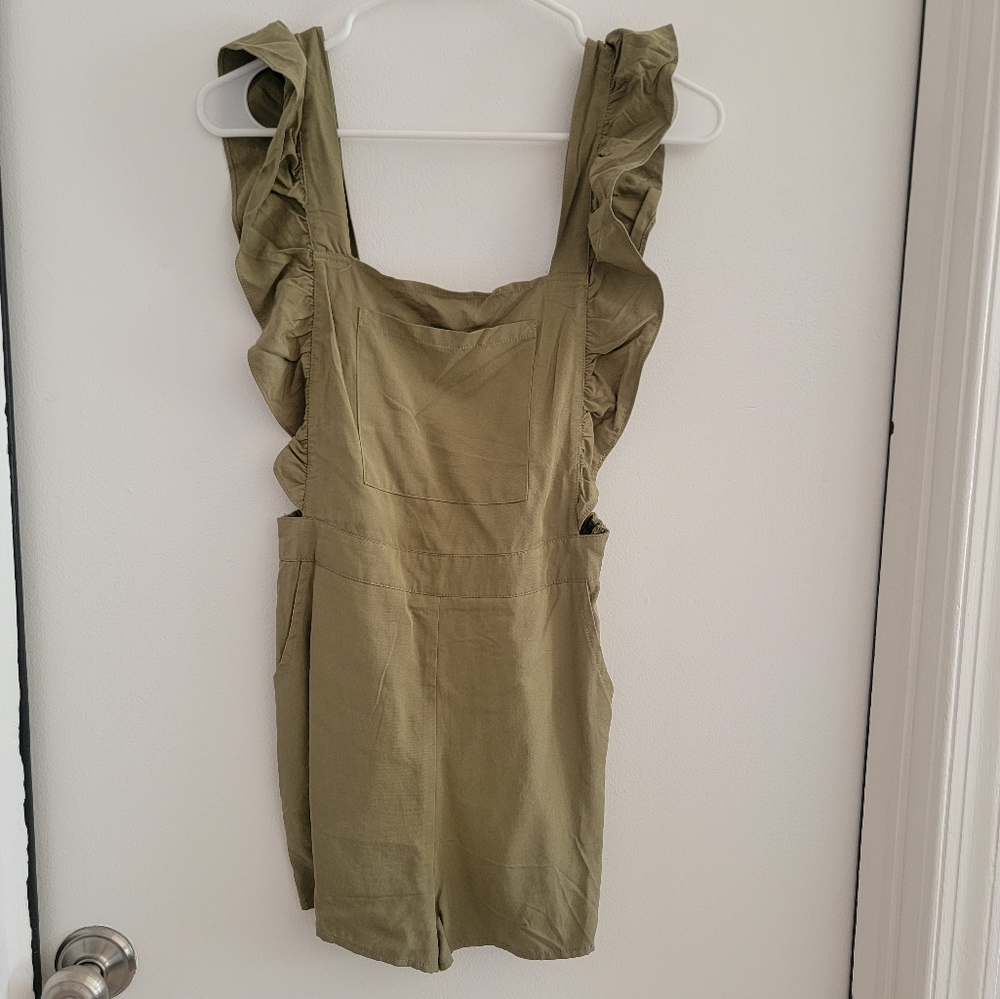 Kittenish Olive Ruffle Shorts Romper